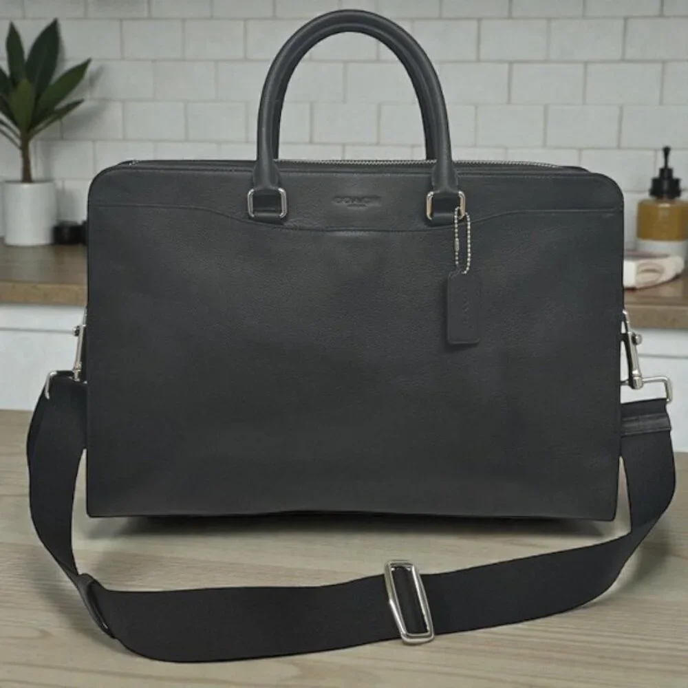 NWT COACH Beckett 2-Way Structured Black Leather Shoulder Business Briefcase New